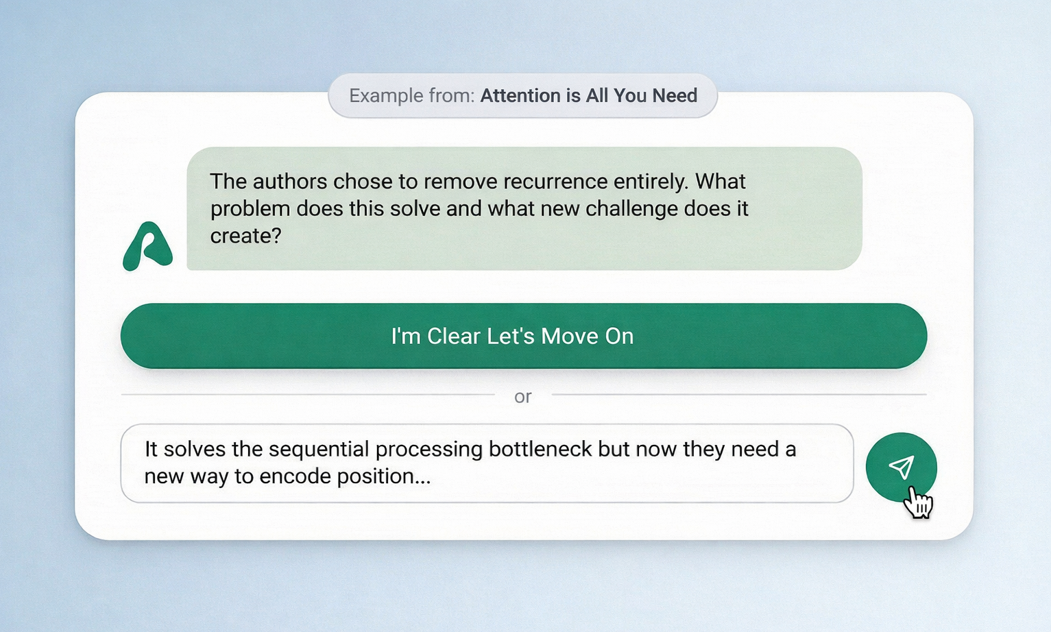 Arioso Socratic dialogue example — a guided conversation about the Attention Is All You Need paper